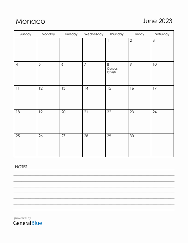 June 2023 Monaco Calendar with Holidays (Sunday Start)