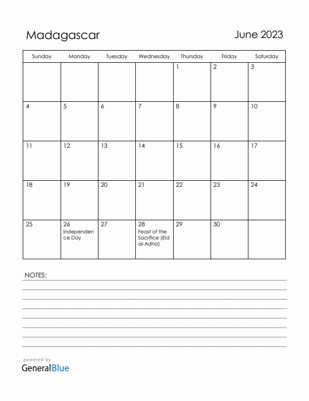 June 2023 Madagascar Calendar with Holidays (Sunday Start)