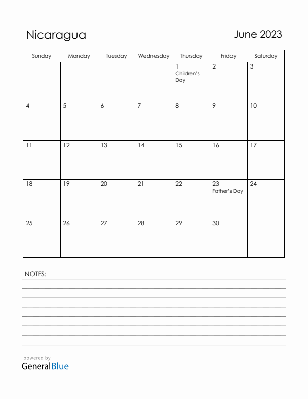 June 2023 Nicaragua Calendar with Holidays (Sunday Start)