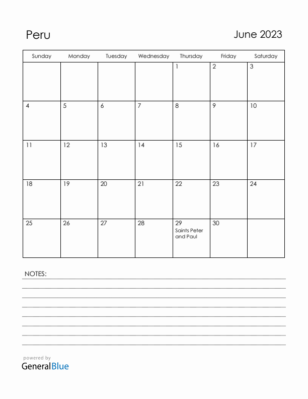 June 2023 Peru Calendar with Holidays (Sunday Start)