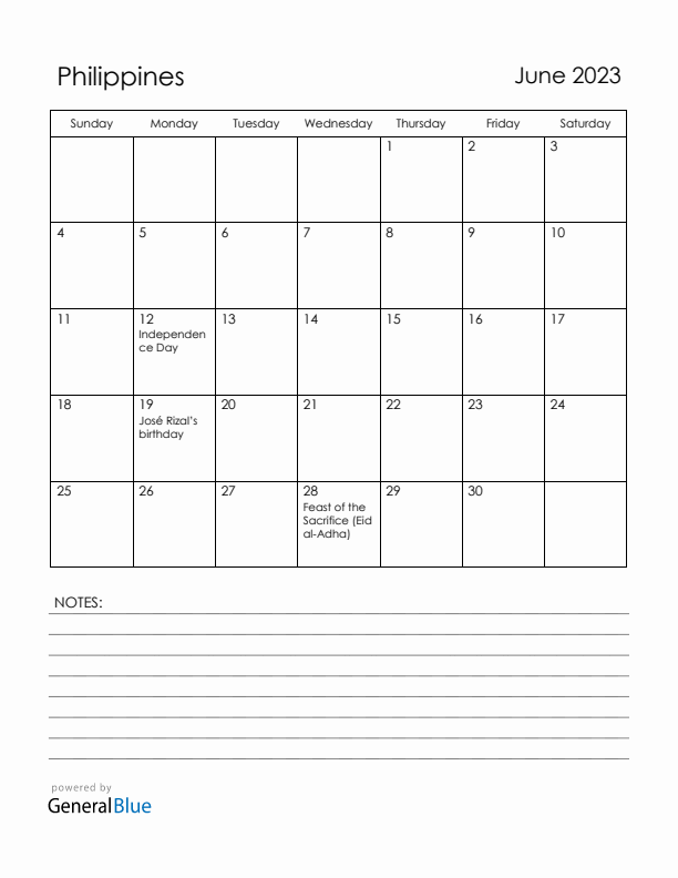 June 2023 Philippines Calendar with Holidays (Sunday Start)