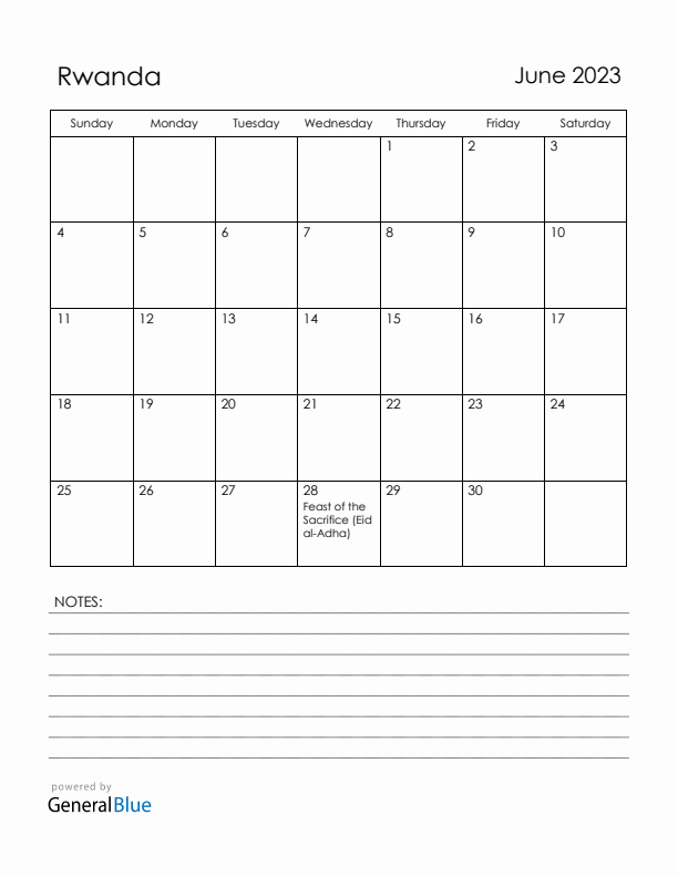 June 2023 Rwanda Calendar with Holidays (Sunday Start)