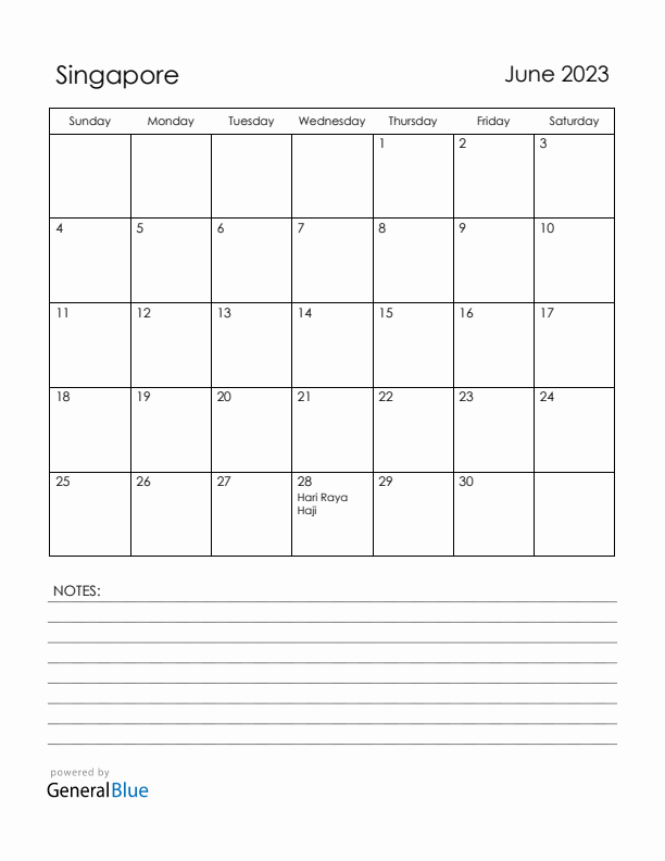 June 2023 Singapore Calendar with Holidays (Sunday Start)