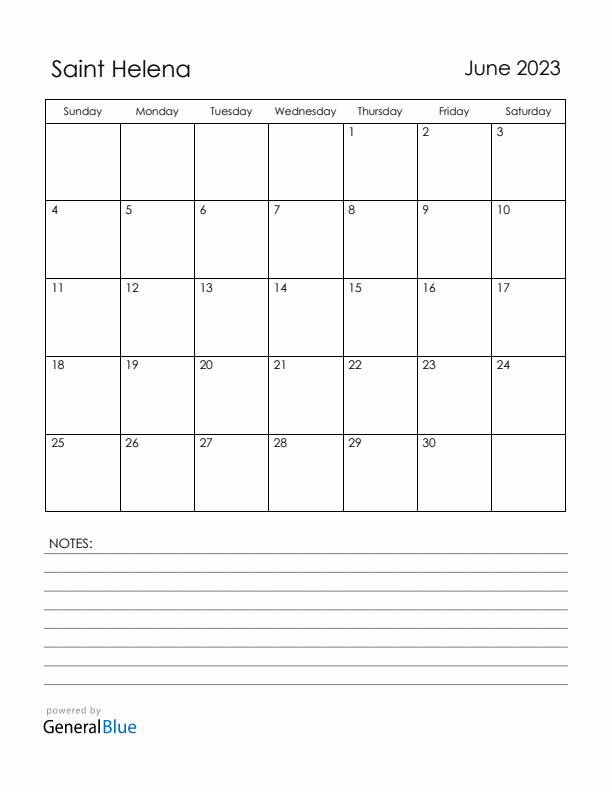 June 2023 Saint Helena Calendar with Holidays (Sunday Start)