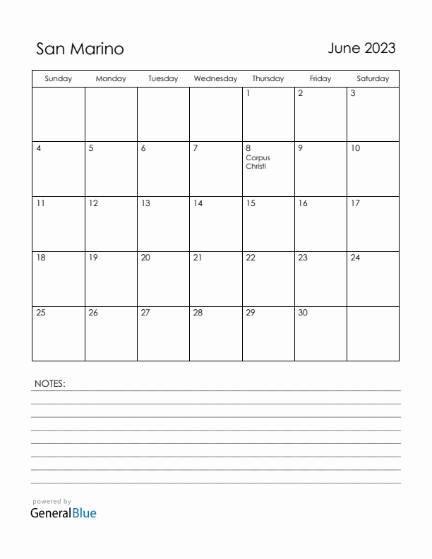 June 2023 San Marino Calendar with Holidays (Sunday Start)