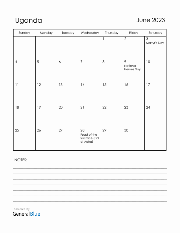June 2023 Uganda Calendar with Holidays (Sunday Start)