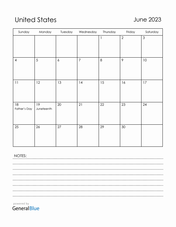 June 2023 United States Calendar with Holidays (Sunday Start)