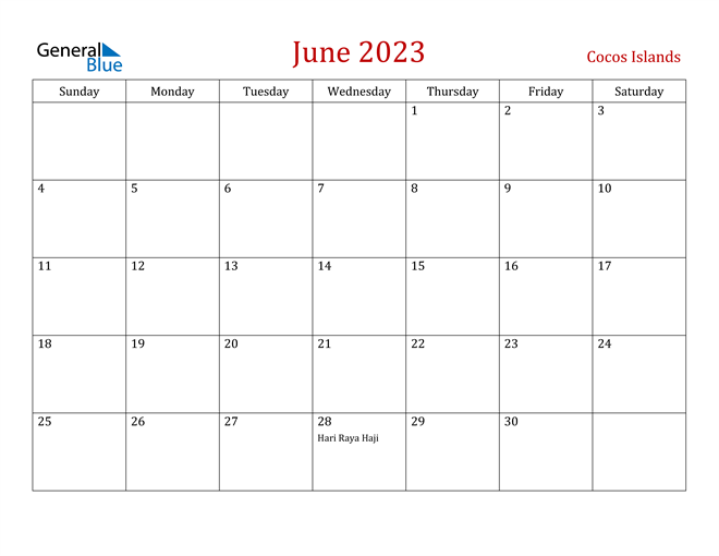 June 2023 Calendar with Cocos Islands Holidays