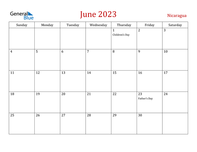Nicaragua June 2023 Calendar