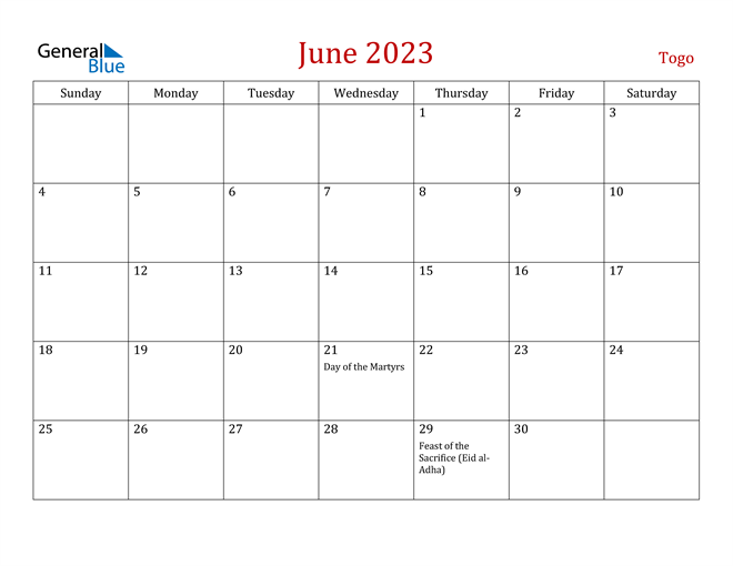 Togo June 2023 Calendar