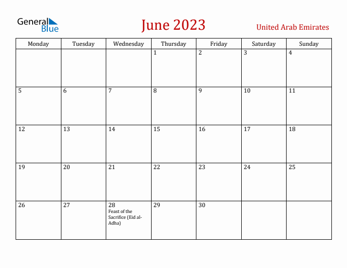 United Arab Emirates June 2023 Calendar - Monday Start