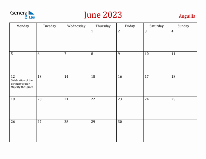 Anguilla June 2023 Calendar - Monday Start