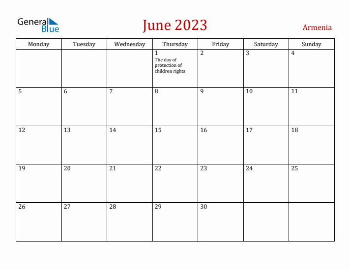 Armenia June 2023 Calendar - Monday Start