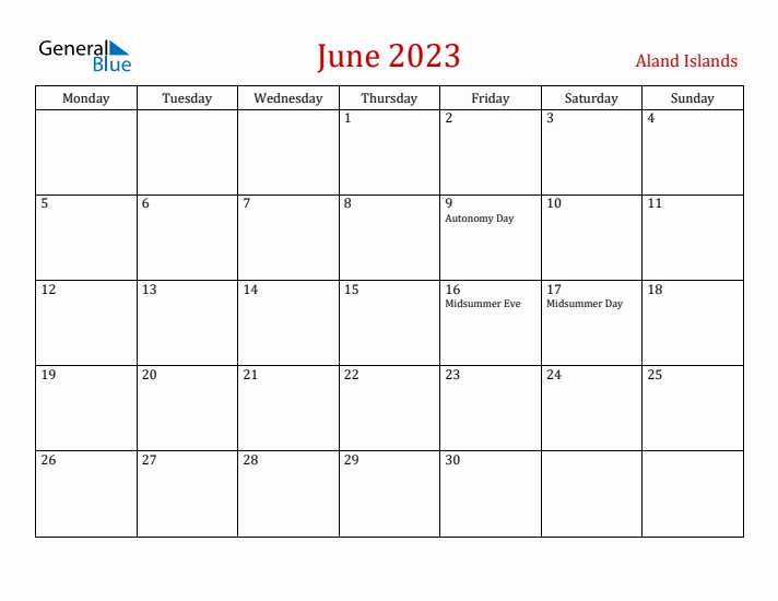 Aland Islands June 2023 Calendar - Monday Start