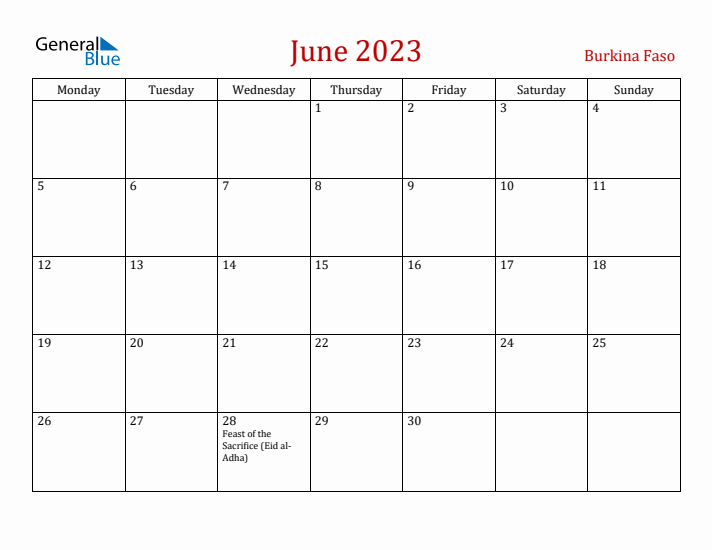 Burkina Faso June 2023 Calendar - Monday Start