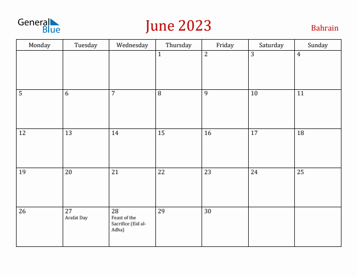 Bahrain June 2023 Calendar - Monday Start