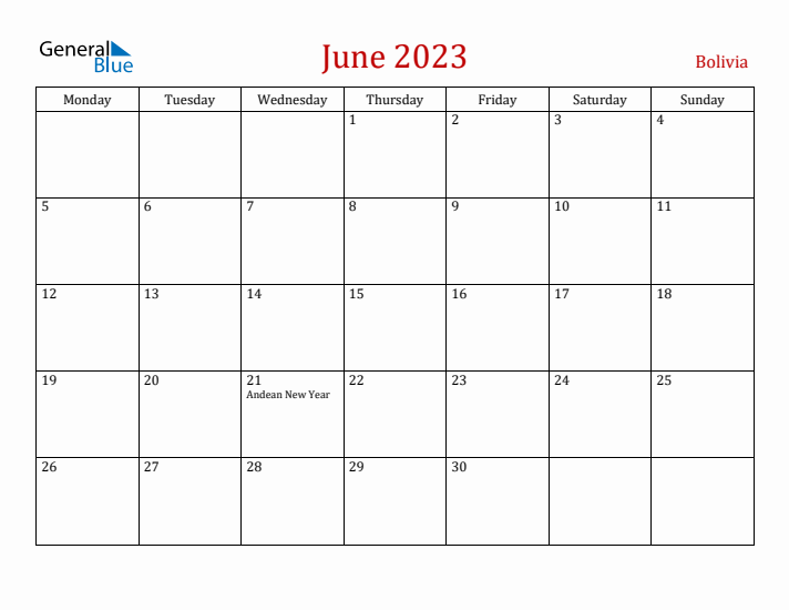 Bolivia June 2023 Calendar - Monday Start