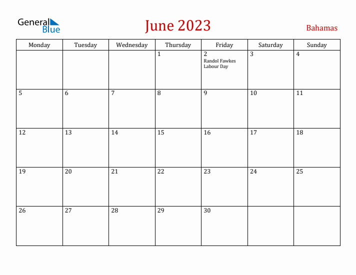Bahamas June 2023 Calendar - Monday Start
