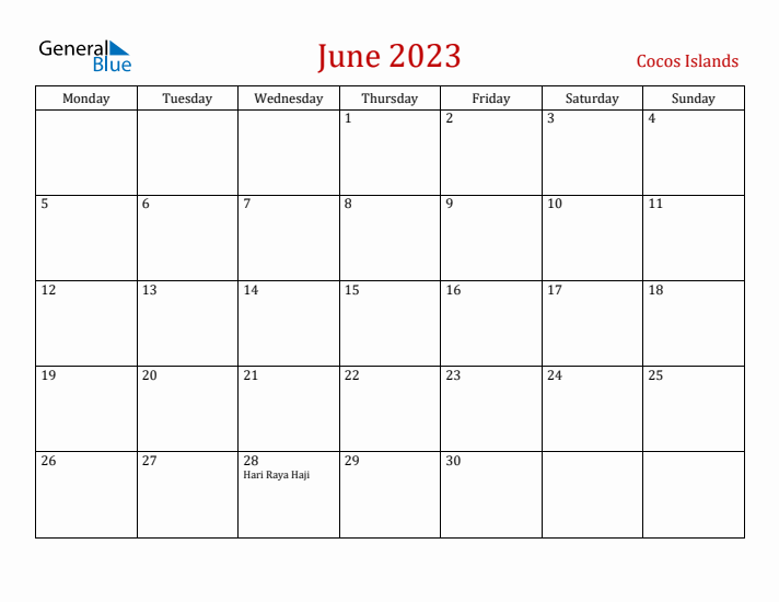 Cocos Islands June 2023 Calendar - Monday Start