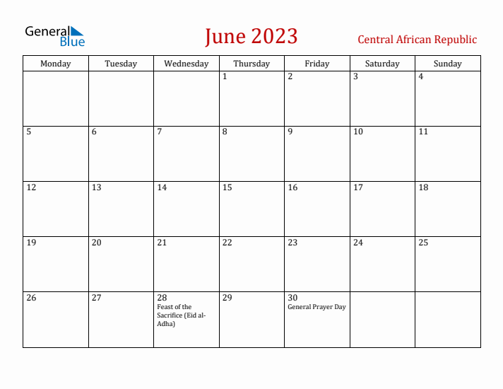 Central African Republic June 2023 Calendar - Monday Start