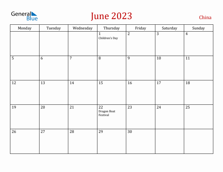 China June 2023 Calendar - Monday Start