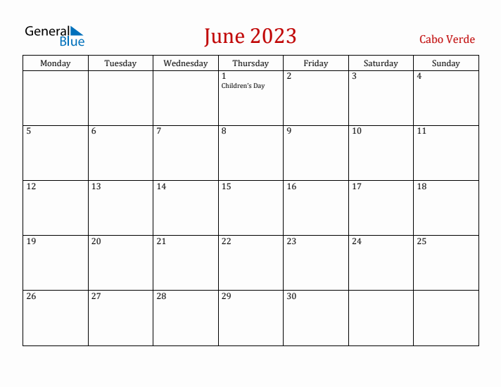 Cabo Verde June 2023 Calendar - Monday Start