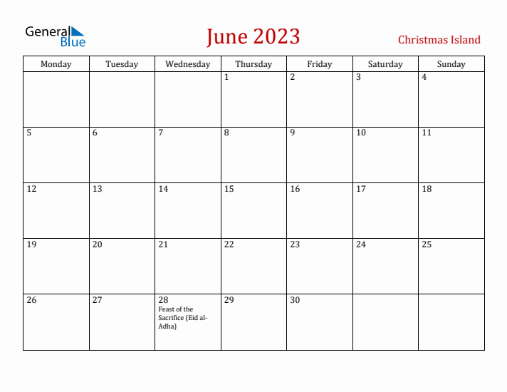 Christmas Island June 2023 Calendar - Monday Start