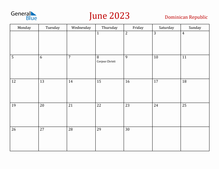 Dominican Republic June 2023 Calendar - Monday Start