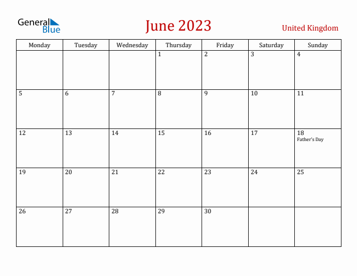 United Kingdom June 2023 Calendar - Monday Start