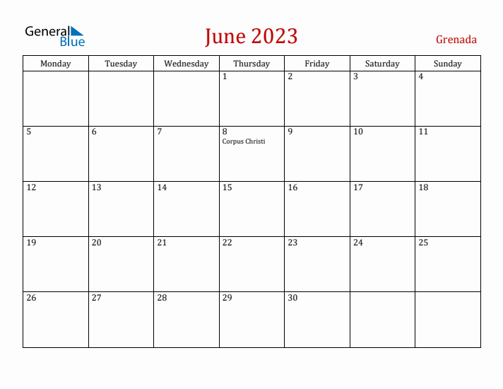 Grenada June 2023 Calendar - Monday Start