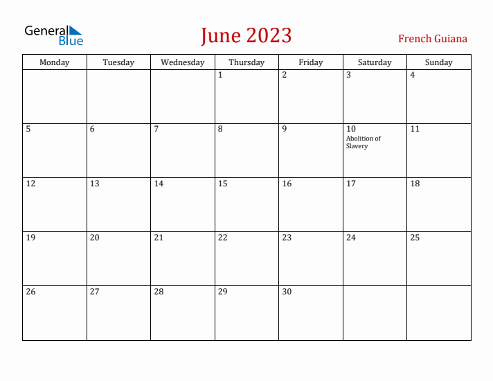 French Guiana June 2023 Calendar - Monday Start