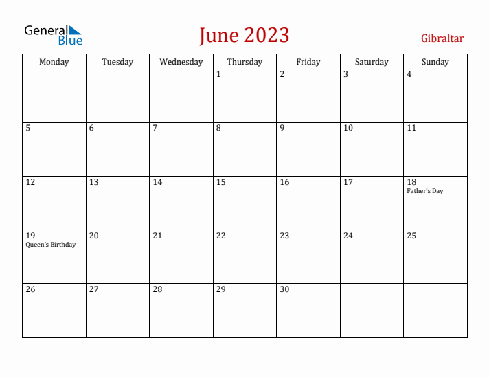 Gibraltar June 2023 Calendar - Monday Start