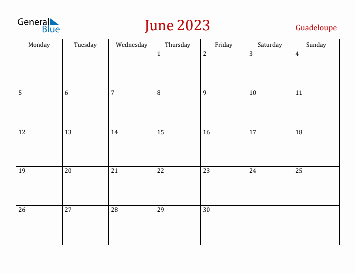 Guadeloupe June 2023 Calendar - Monday Start