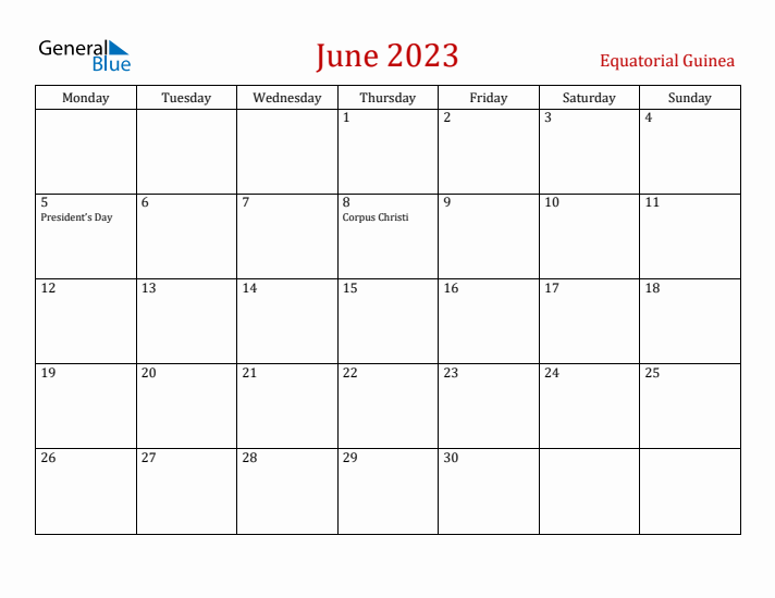 Equatorial Guinea June 2023 Calendar - Monday Start