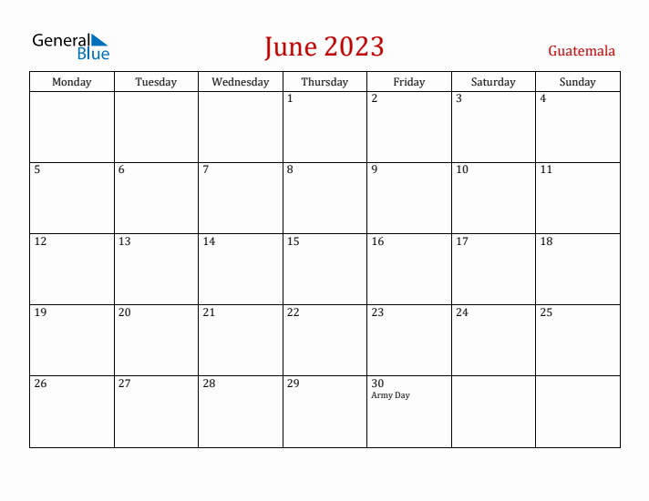 Guatemala June 2023 Calendar - Monday Start