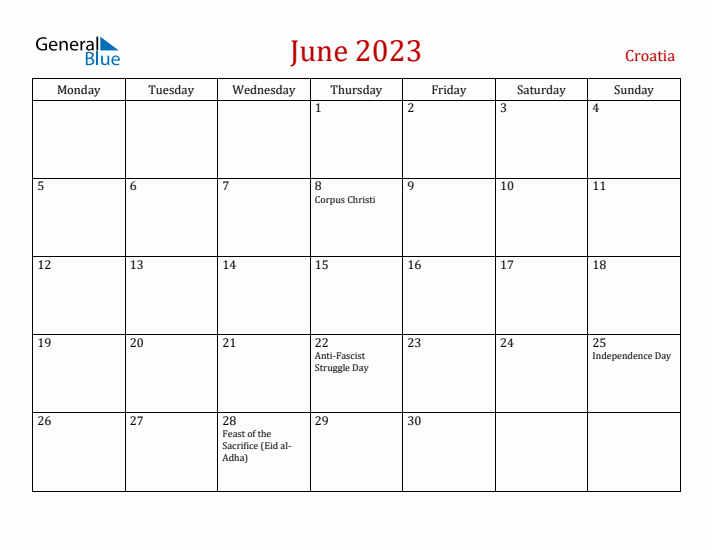 Croatia June 2023 Calendar - Monday Start