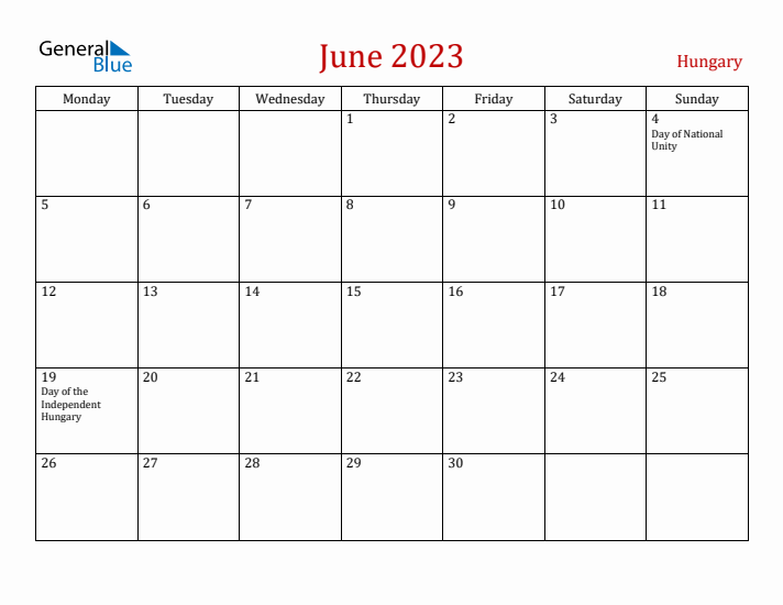 Hungary June 2023 Calendar - Monday Start