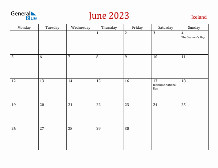 Iceland June 2023 Calendar - Monday Start