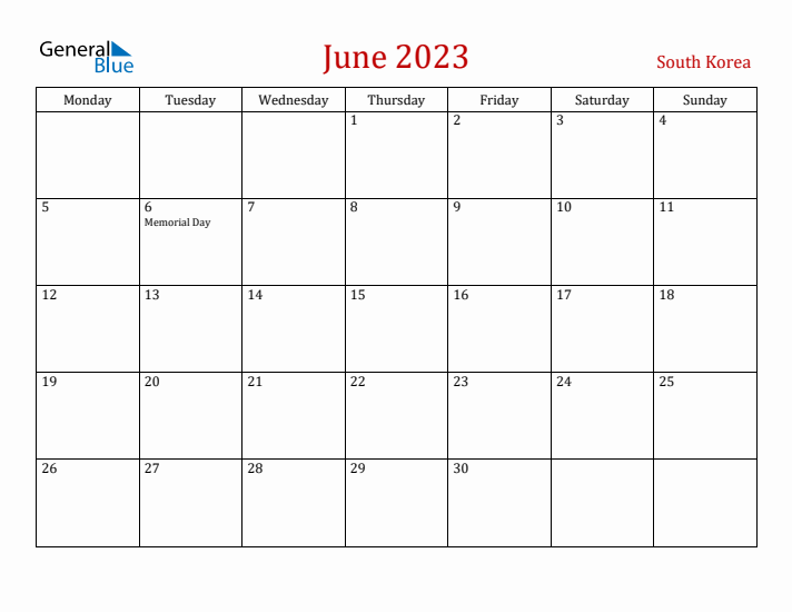 South Korea June 2023 Calendar - Monday Start