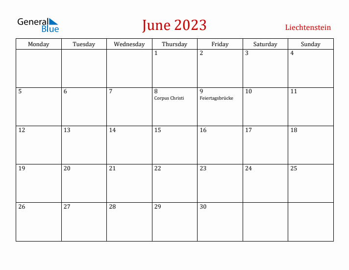 Liechtenstein June 2023 Calendar - Monday Start