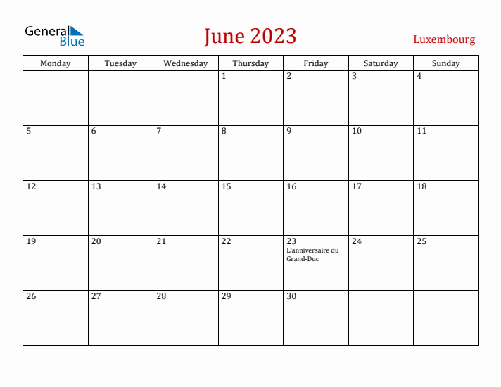 Luxembourg June 2023 Calendar - Monday Start