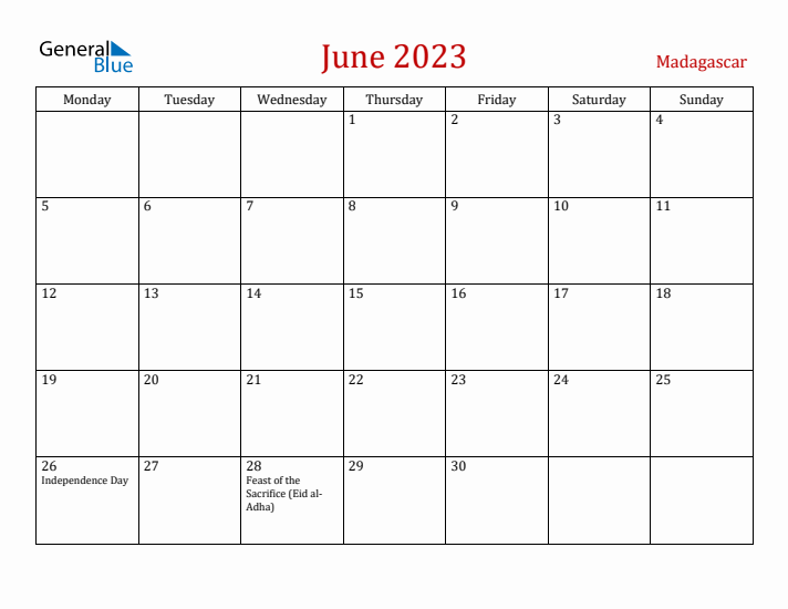 Madagascar June 2023 Calendar - Monday Start