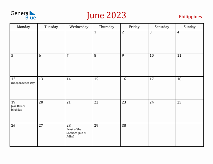 Philippines June 2023 Calendar - Monday Start