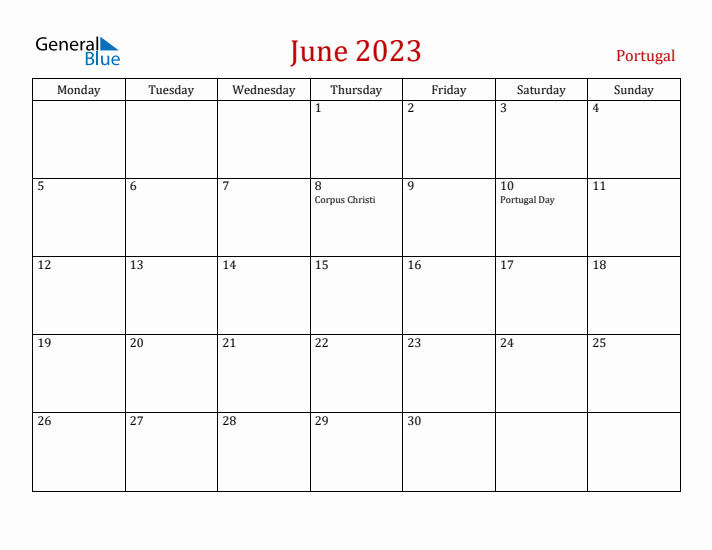 Portugal June 2023 Calendar - Monday Start