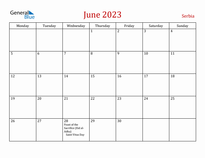 Serbia June 2023 Calendar - Monday Start