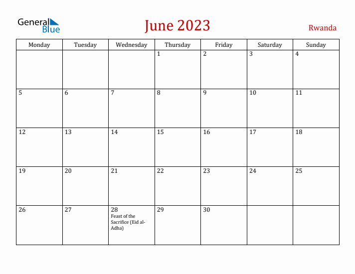 Rwanda June 2023 Calendar - Monday Start