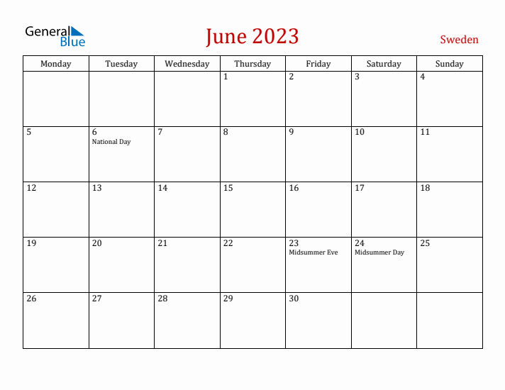 Sweden June 2023 Calendar - Monday Start