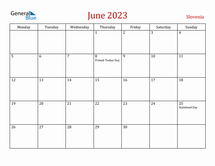 Slovenia June 2023 Calendar - Monday Start