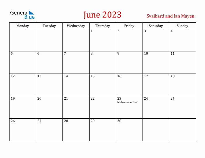Svalbard and Jan Mayen June 2023 Calendar - Monday Start
