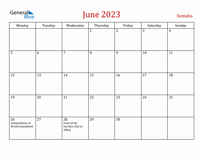 Somalia June 2023 Calendar - Monday Start